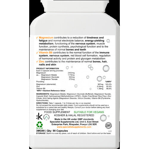 Magnesium 3 Complex – Bisglycinate, Malate & Taurate with Zinc & Vitamin B6 – 90 Capsules